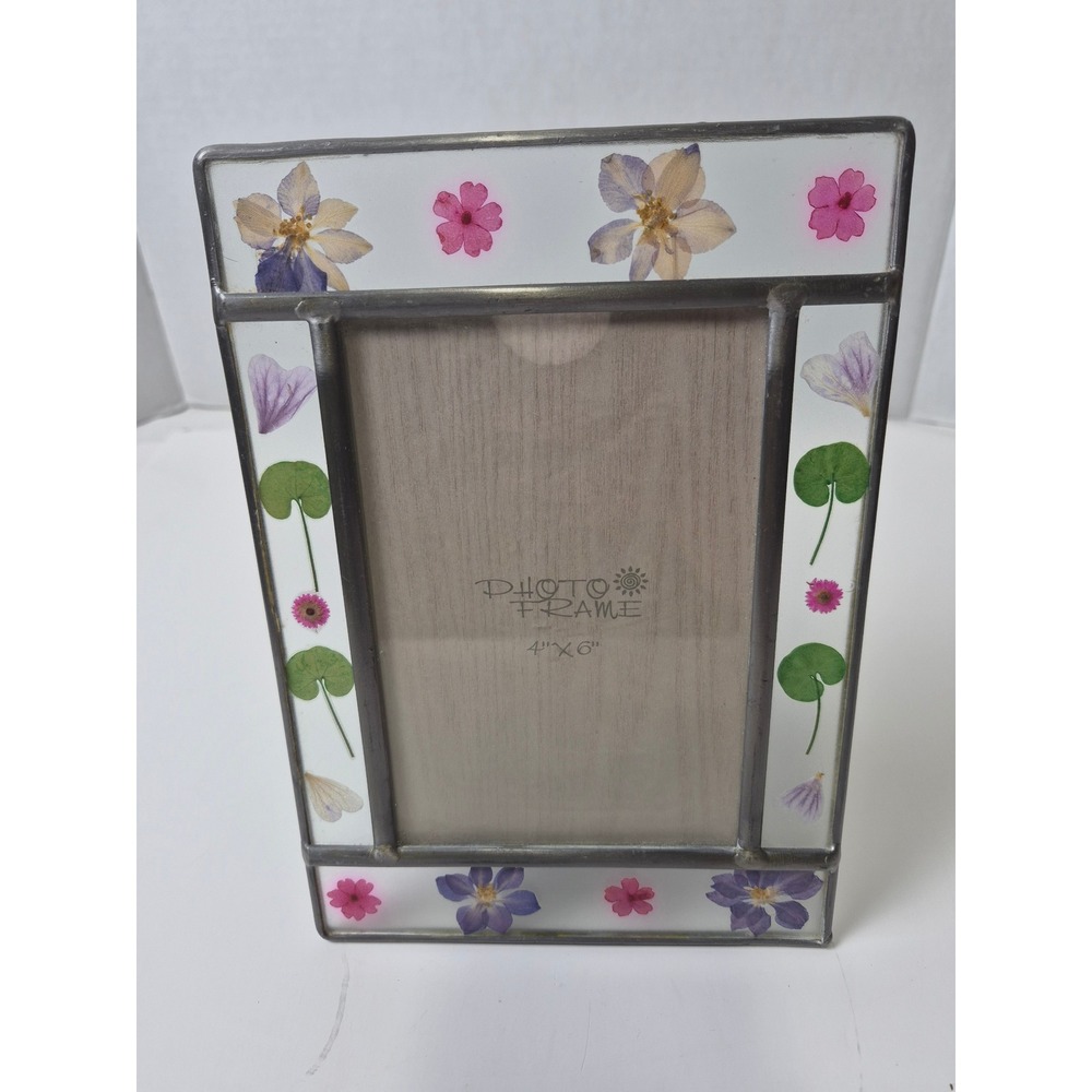 Vintage Stained Glass Pressed Flower Photo Frame 4x6 Botanical Cottagecore Decor